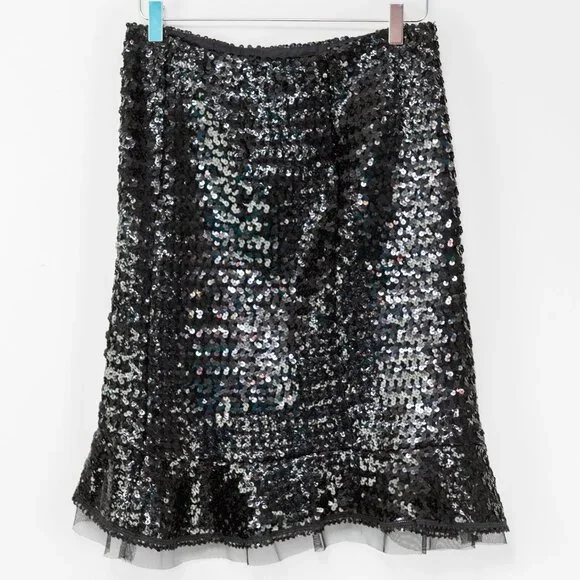 Nanette Lepore Sequin Skirt Tulle Hem Mermaid Midi Evening Black Size 6 - Picture 2 of 6